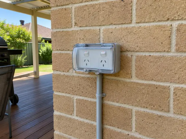 Weatherproof double outdoor power point on a brick wall beside a covered patio in Wallsend